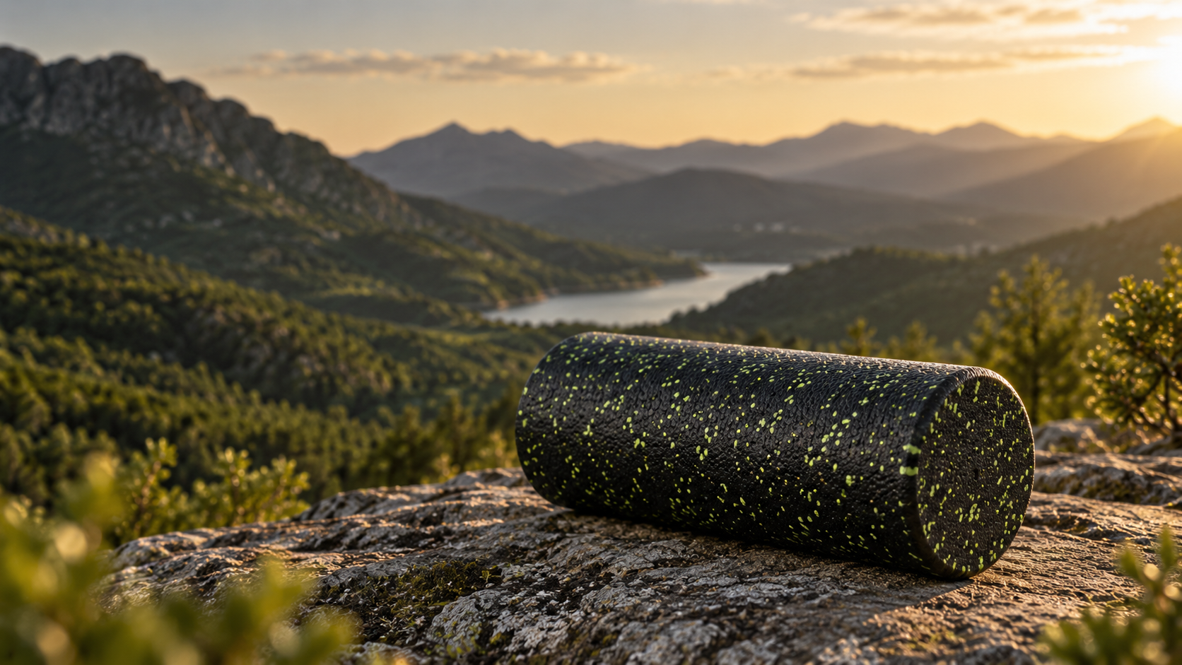 Foam roller sobre roca en entorno natural